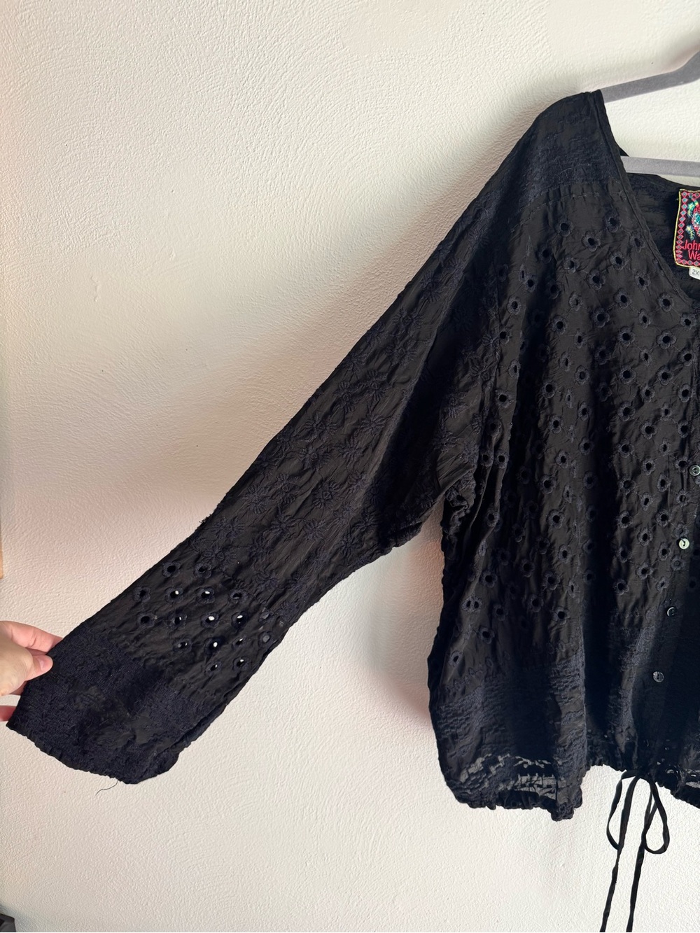 Johnny Was Black Eyelet V-Neck Long Sleeve button Front Top - Picture 4 of 10